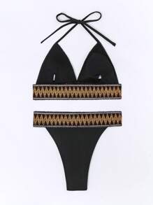 SHEIN Swim 女士几何肩带挂脖比基尼套装夏季海滩 - 黑色 - 查看 3