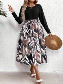SHEIN Clasi Plus Size Women's Plant Printed Long Sleeve Dress - Multicolor - View 1