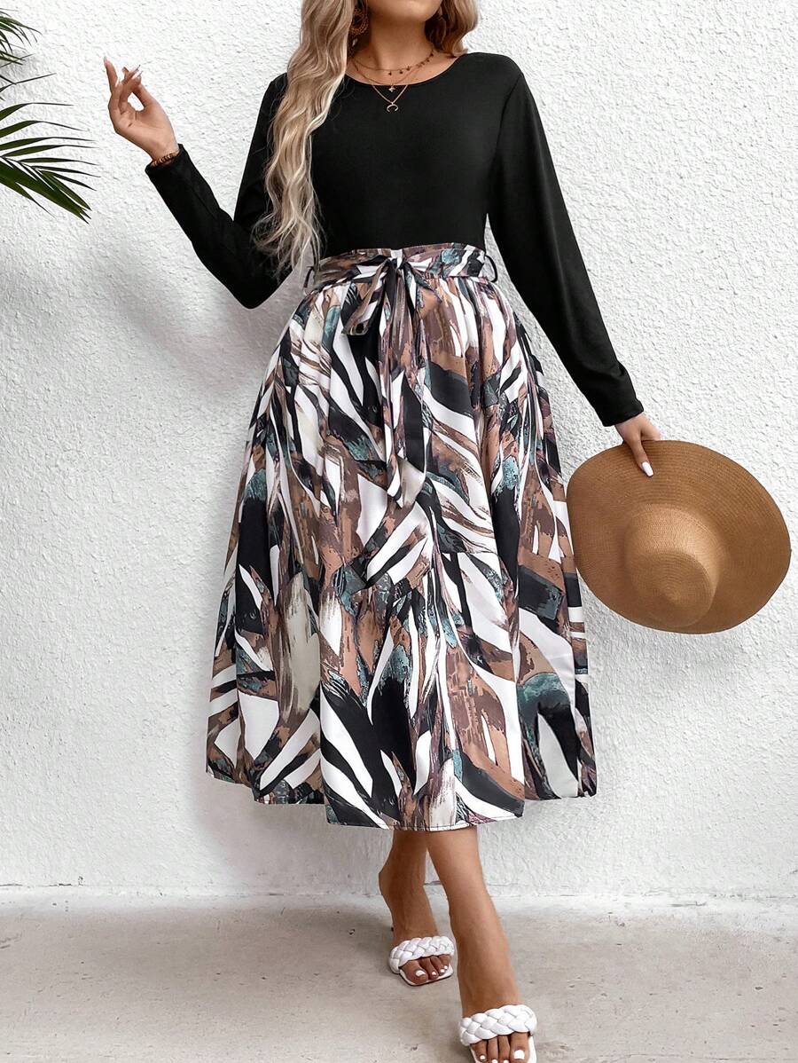 SHEIN Clasi Plus Size Women's Plant Printed Long Sleeve Dress - Multicolor - View 1