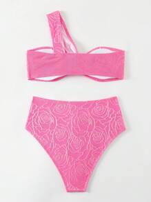 SHEIN Swim Summer One Shoulder Jacquard Bikini Swimwear Set Valentine - Hot Pink - View 2