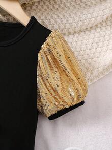 SHEIN 夏季女孩珠飾細節泡泡袖芭蕾舞印花連身裙 - 黑色 - 查看 3