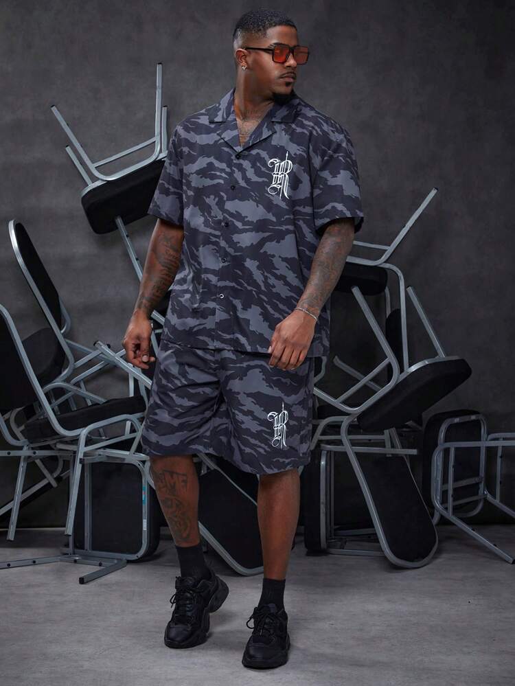 Men's Plus Loose Fit Allover Print Short Sleeve Shirt And Shorts Set