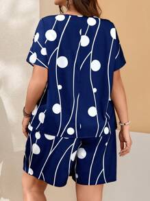 EMERY ROSE Plus Size Women'S Printed Loose Fit Pocket Casual Short Sleeve Two-Piece For Spring,Flower/Summer/Vacation - Blue and White - View 2