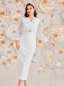 Modelyn 女士透視網紗長袖連衣裙 - 白色 - 查看 4