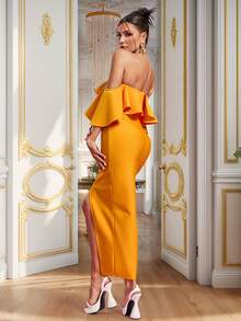 Women's Orange Wave Ruffles Off-Shoulder Front Slit Maxi Evening Dress With Asymmetric Hem - Orange - View 6