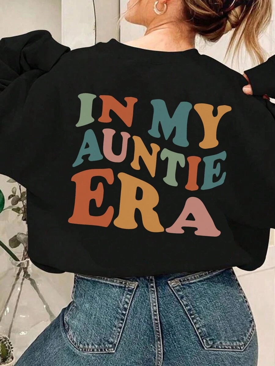 INAWLY Sudadera de cuello redondo con estampado de letras de colores "EN MI ERA DE TIA", tops de manga larga para mujer