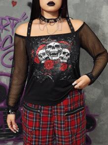 ROMWE Grunge Punk Kích thước lớn Phụ nữ Punk In Áo thun Với Lưới Và Sọ Mô hình hoa - màu đen - Xem 3