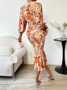 SHEIN Clasi 女士印花褶皺長袖氣球裝連衣裙,全身花卉圖案 - 彩色 - 查看 2