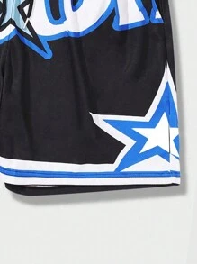 ROMWE MEN Prep Men's Contrast Stripe & Letter Print Basketball Shorts With Drawstring Waist - Black - View 3