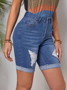 SHEIN LUNE 女士破洞牛仔短褲 - 藍色 - 查看 3