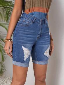 SHEIN LUNE 女士破洞牛仔短褲 - 藍色 - 查看 4