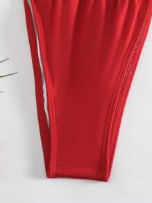SHEIN Swim 女士纯色褶皱挂脖比基尼套装，带分体比基尼套装，夏季海滩 - 紅色 - 查看 6