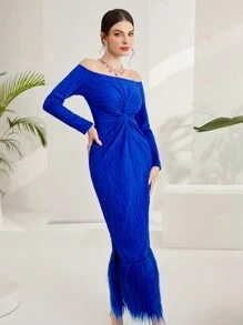 Modelyn Của phụ nữ Off Shoulder Tay áo dài Xoắn Nút eo Đầm - Màu xanh lam - Xem 4