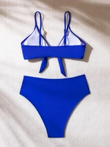 Swim Vcay Conjunto de bikini de unicolor con detalle de nudo delantero, conjunto de bikini de vacaciones para la playa de verano - azul real - Ver 4