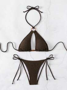 Swim SXY 女款純色紋理泳裝套裝，三點式比基尼套裝，沙灘度假泳衣套裝 - 巧克力棕 - 查看 3