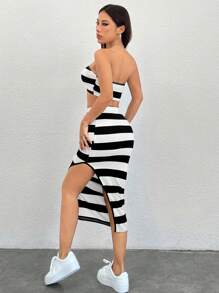 SHEIN PETITE 女性條紋管頂和高開叉裙裝套裝 - 黑色 - 查看 2