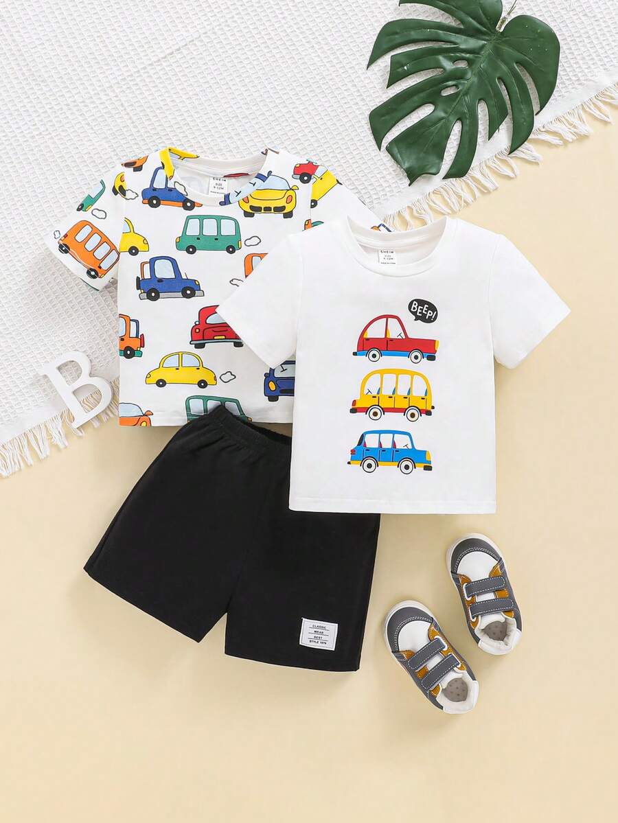 SHEIN 嬰兒男童卡通汽車圖案圓領短袖上衣和短褲3件套裝