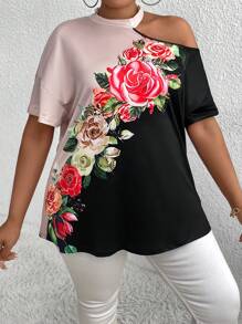 Maweii Camiseta De Cuello Asimétrico Con Tamaño Extra Grande Para Mujeres Con Estampado Floral De Color Contrastante - Negro - Ver 5
