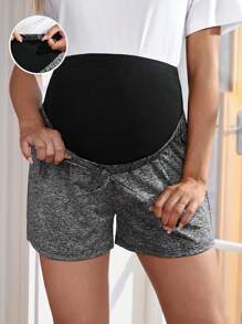 SHEIN Maternity Adjustable Waist Color Block Shorts Pants - Dark Grey - View 1