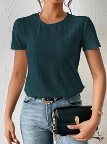 SHEIN Frenchy 素色網眼刺繡T恤 - 橄欖綠 - 查看 1