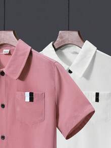 SHEIN 2入組鬆身休閒立領短袖襯衫,帶有口袋,適用於青少年男孩