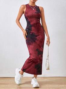 Casual Women's Summer SHEIN Essnce Teacher Clothes Bodycon Dress Long Bodycon Dress Casual Print Sleeveless Vacation Matching Long Dress - Red - View 3