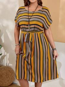 EMERY ROSE Plus Size Women'S Striped Belted Dress For Spring - Multicolor - View 4