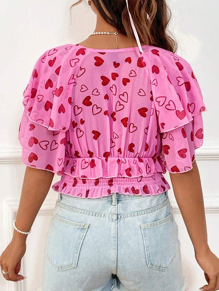 Heart Printed Peplum Hem Cropped Blouse