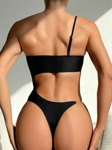 SHEIN Swim 女士纯色镂空连体泳衣夏季 - 黑色 - 查看 2