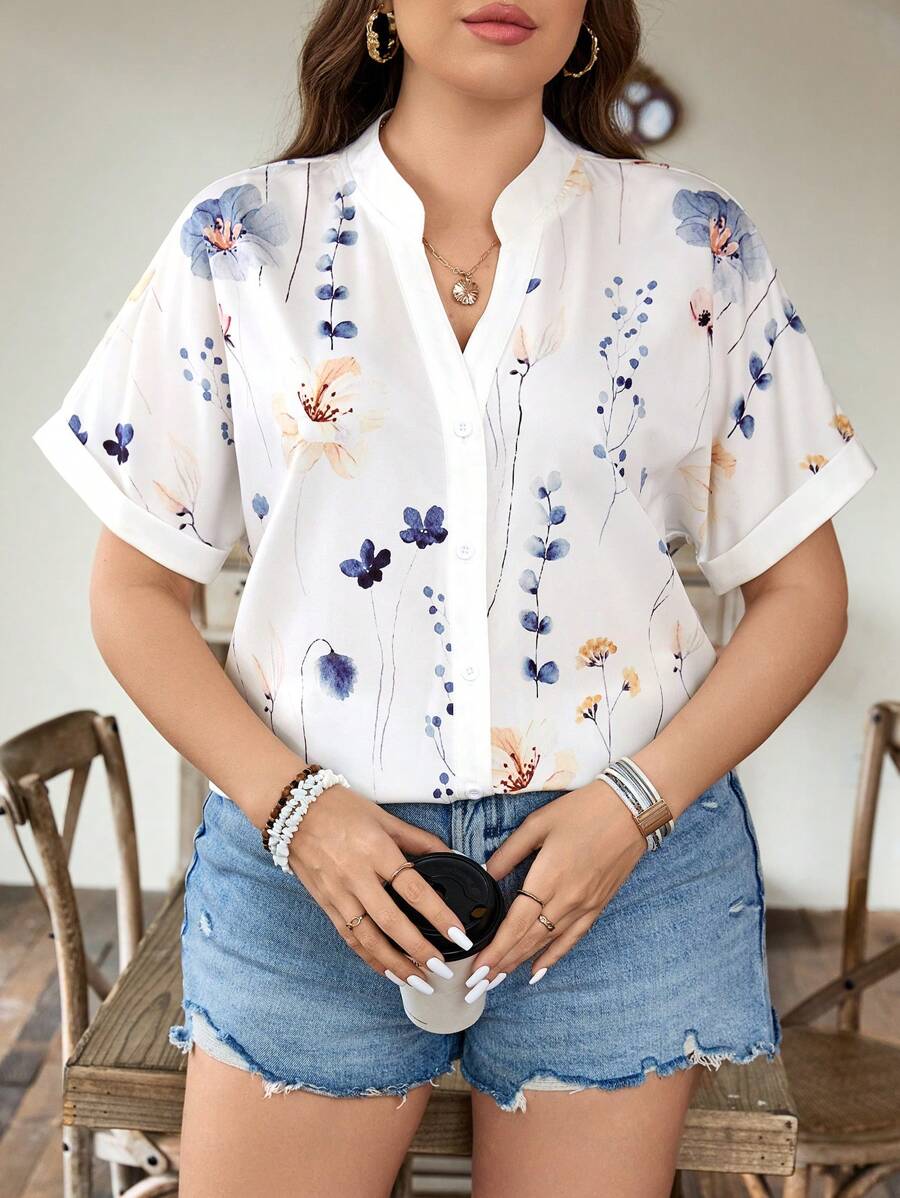 SHEIN LUNE 大码女式花卉印花短袖衬衫，夏季 - 白色 - 查看 1