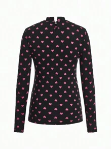 SHEIN Maternity Heart Print Stand Collar T-Shirt - Black - View 8