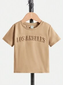 SHEIN 小男孩休閒舒適字母印花t卹 - 卡其色 - 查看 2