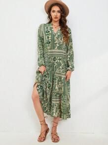 Women V-Neck Allover Print Lantern Sleeve Mid-Length Dress - Green - View 1