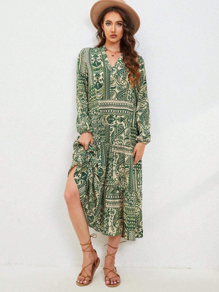 Women V-Neck Allover Print Lantern Sleeve Mid-Length Dress - Green - View 1