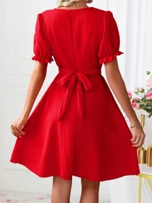 SHEIN Clasi V領燈籠袖交叉腰打結機械布料a字下擺洋裝 - 酒紅色 - 查看 2