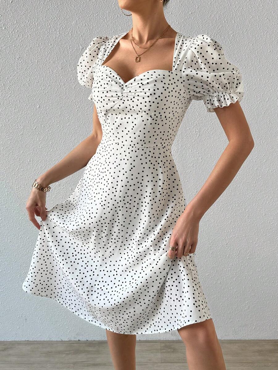 SHEIN Privé 女士不對稱圓點印花泡泡袖連身裙 - 白色 - 查看 1