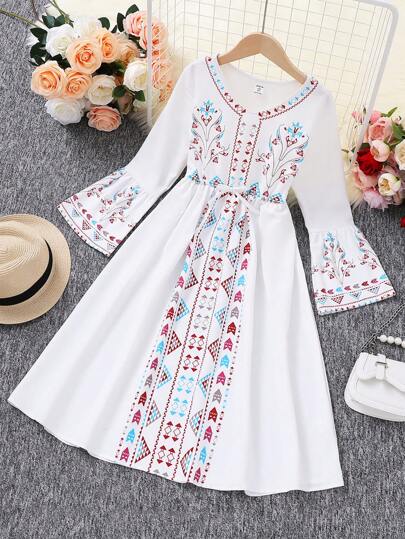 SHEIN 1 件 Tween 女童复古波西米亚风印花喇叭袖长裙