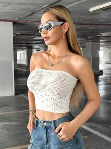 SHEIN Unity 女士色塊無肩帶針織上衣 - 白色 - 查看 3