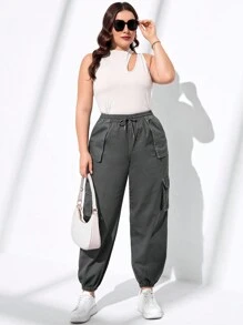 SHEIN Essnce Kích thước lớn Eo cao Dây rút Quần jean chở hàng , Màu xám , Chế tạo Của 100% - Xám - Xem 5