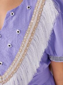 SHEIN Tween Girl Fringe & Beaded V-Neck Short Bubble Sleeve Dress - Purple - View 3