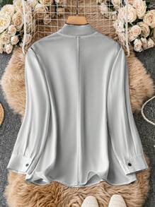 SHEIN Clasi 大尺碼女士蝴蝶結裝飾拼接襯衫,適合工作穿著 - 灰色 - 查看 2