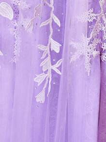 Women's Floral Applique High Slit Mesh Bustier Evening Gown - Lilac Purple - View 4