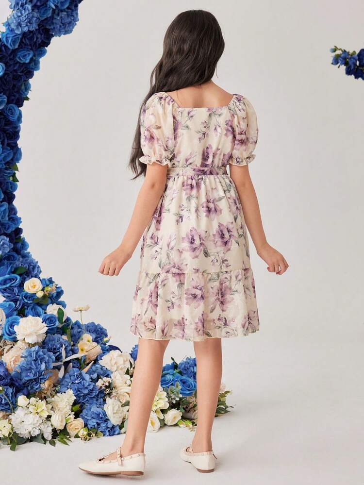 Tween Girl's Short Sleeve Elegant Floral Dress