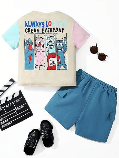 男孩2入組休閒後背卡通怪獸印花寬鬆落肩短袖圓領t恤和純色裝載短褲