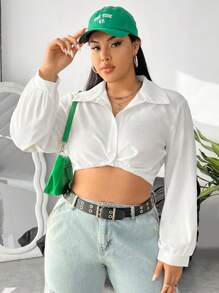 SHEIN EZwear CURVE Kích thước lớn Của phụ nữ Lỏng lẻo phù hợp Tay áo dài Quần skinny Xoắn Nút Áo sơ mi - trắng - Xem 3