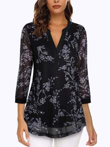 CheersLife 女士V领七分袖休闲连衣裙，配多层网纱腰带上衣 - 黑色 - 查看 3