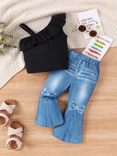 SHEIN Baby Girl Spring/Summer Casual Solid Color Ruffle Top And Denim Effect Flared Pants Set