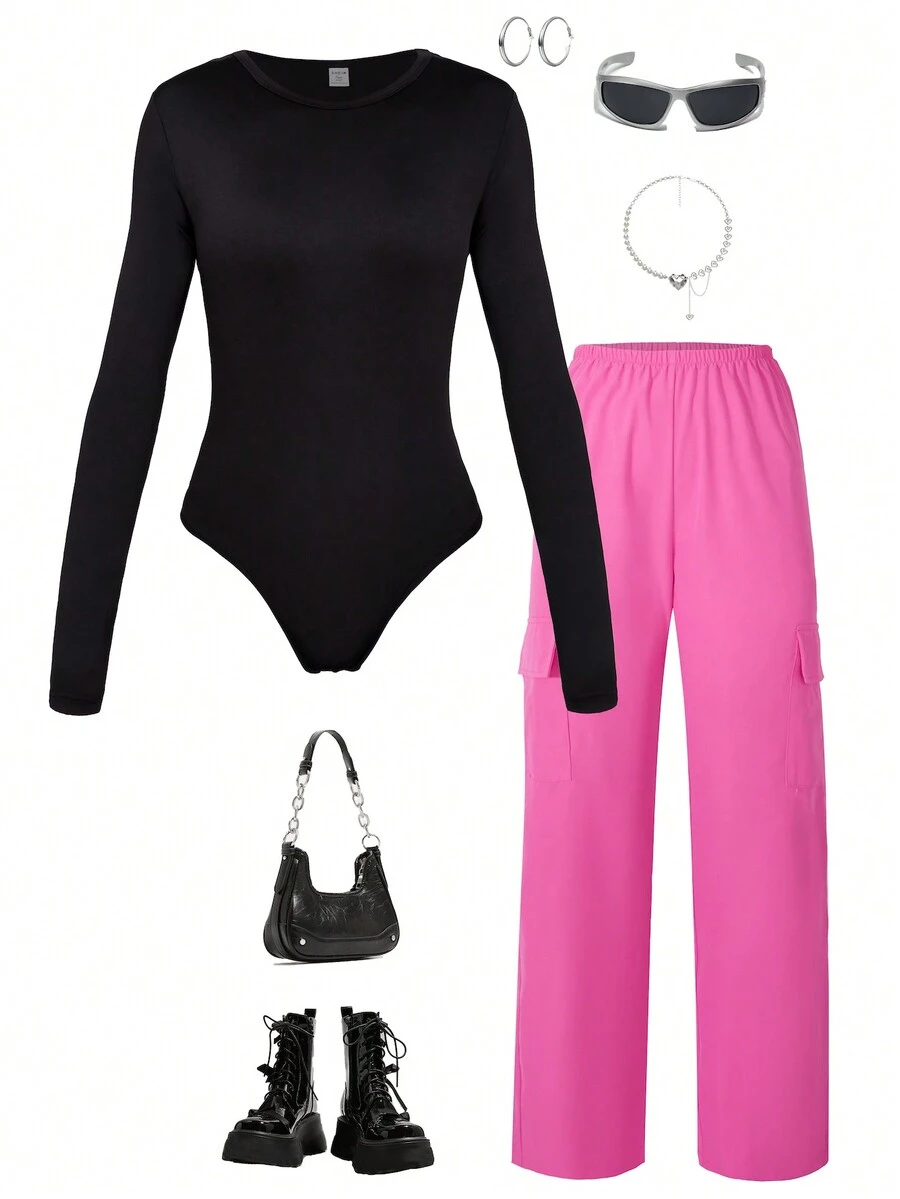 SHEIN 2入組/套少女針織連身衣和彈性腰帶休閒直筒褲春裝