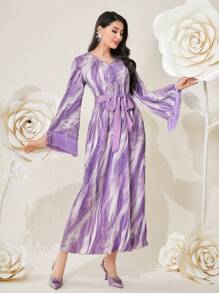 Modelyn Ladies Fringe Hem V-Neck Splicing Dress - Purple - View 6