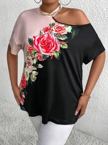 Maweii Camiseta De Cuello Asimétrico Con Tamaño Extra Grande Para Mujeres Con Estampado Floral De Color Contrastante - Negro - Ver 1